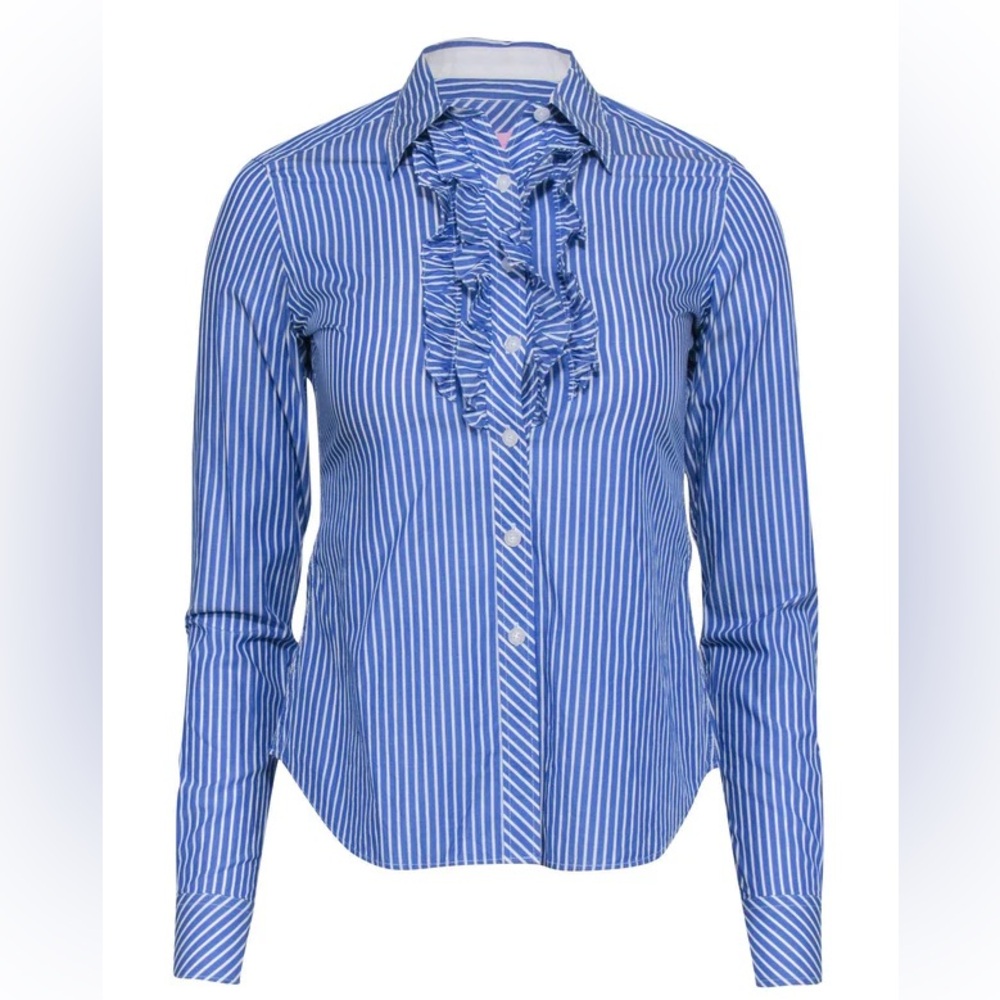 LILLY PULITZER Blue & White Striped Button Down Ruffle Shirt Blouse size 4